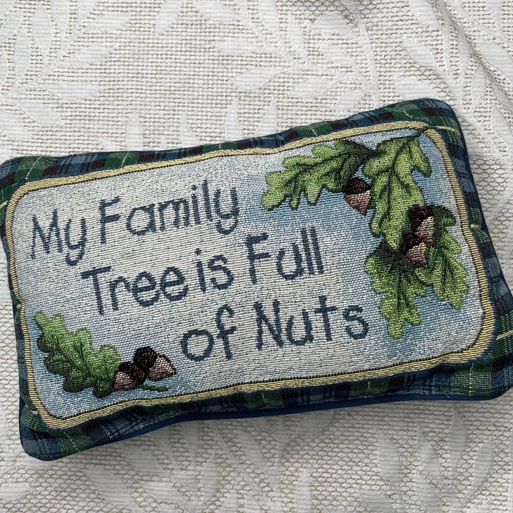 My Family Tree is Full of Nuts Tapestry Oak Leaf Blue Tartan Plaid Lumbar Pillow